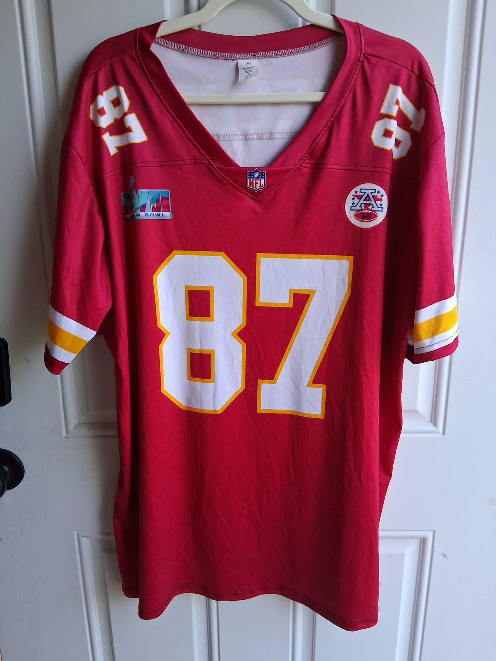 NFL Red V‑Neck Kelce Football Jersey Top with NFL Shield #87